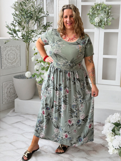 Květované maxi šaty Lora do 4XL - khaki