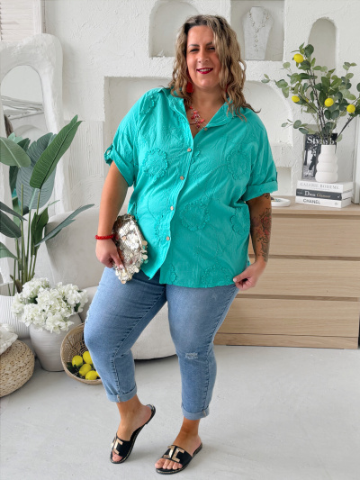 Bavlněná košile Flower Comfort do 3XL - tyrkysová