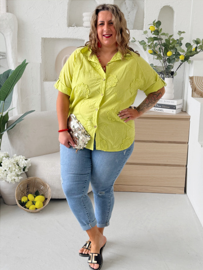 Bavlněná košile Flower Comfort do 3XL - limetka